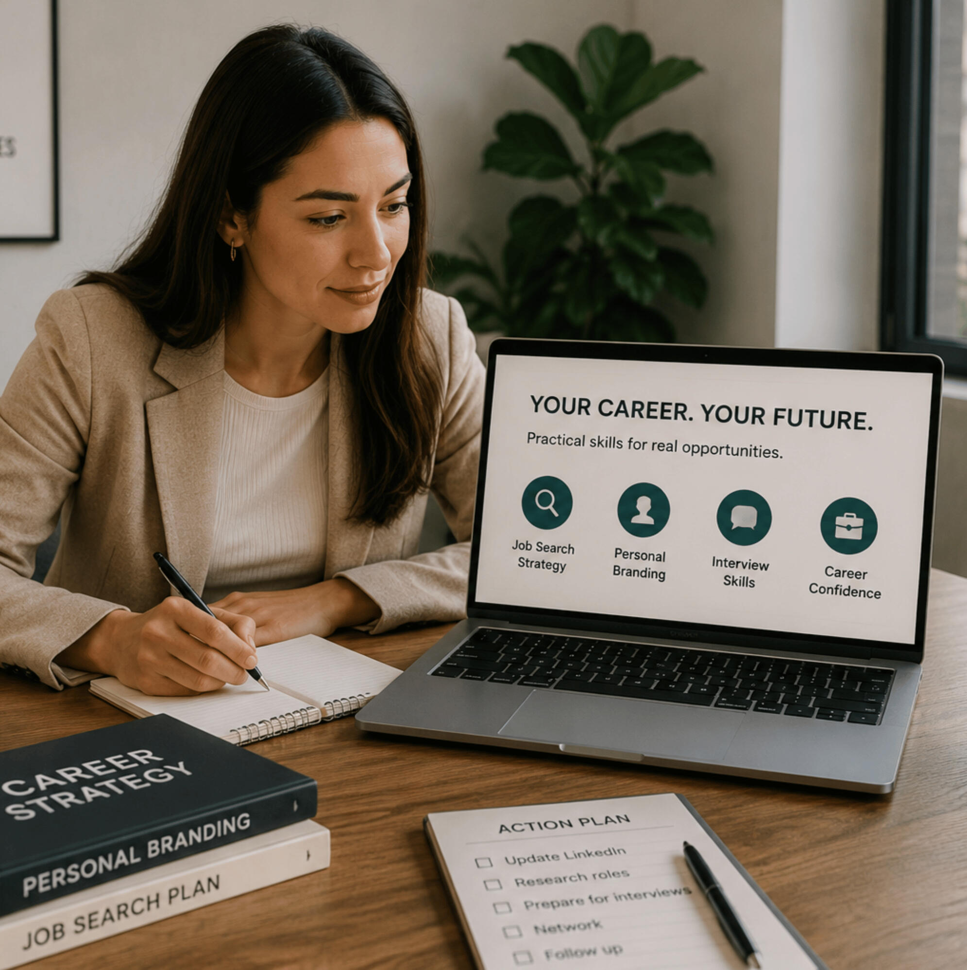Career Skills for Advanced English Students Laptop displaying career development topics including job search strategy, personal branding and interview skills