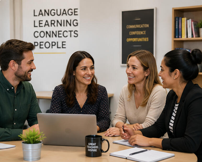 English Academy Staff Colaborating Teachers and administrative staff collaborating in a modern language academy office.