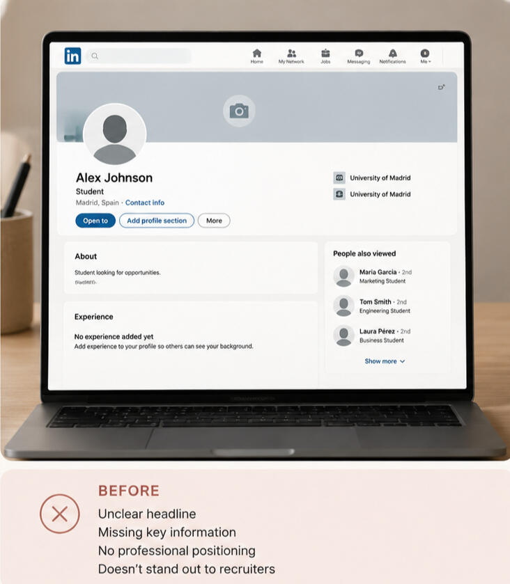 LinkedIn Profile Before Workshop Example of a basic student LinkedIn profile before professional optimization