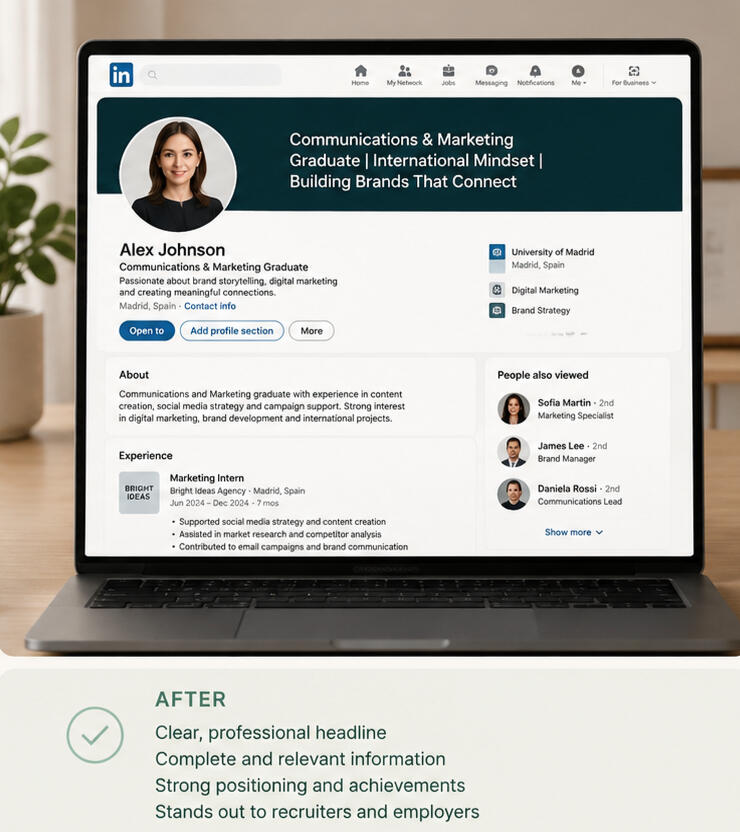 LinkedIn Profile After Workshop Example of an optimized student LinkedIn profile with stronger professional positioning